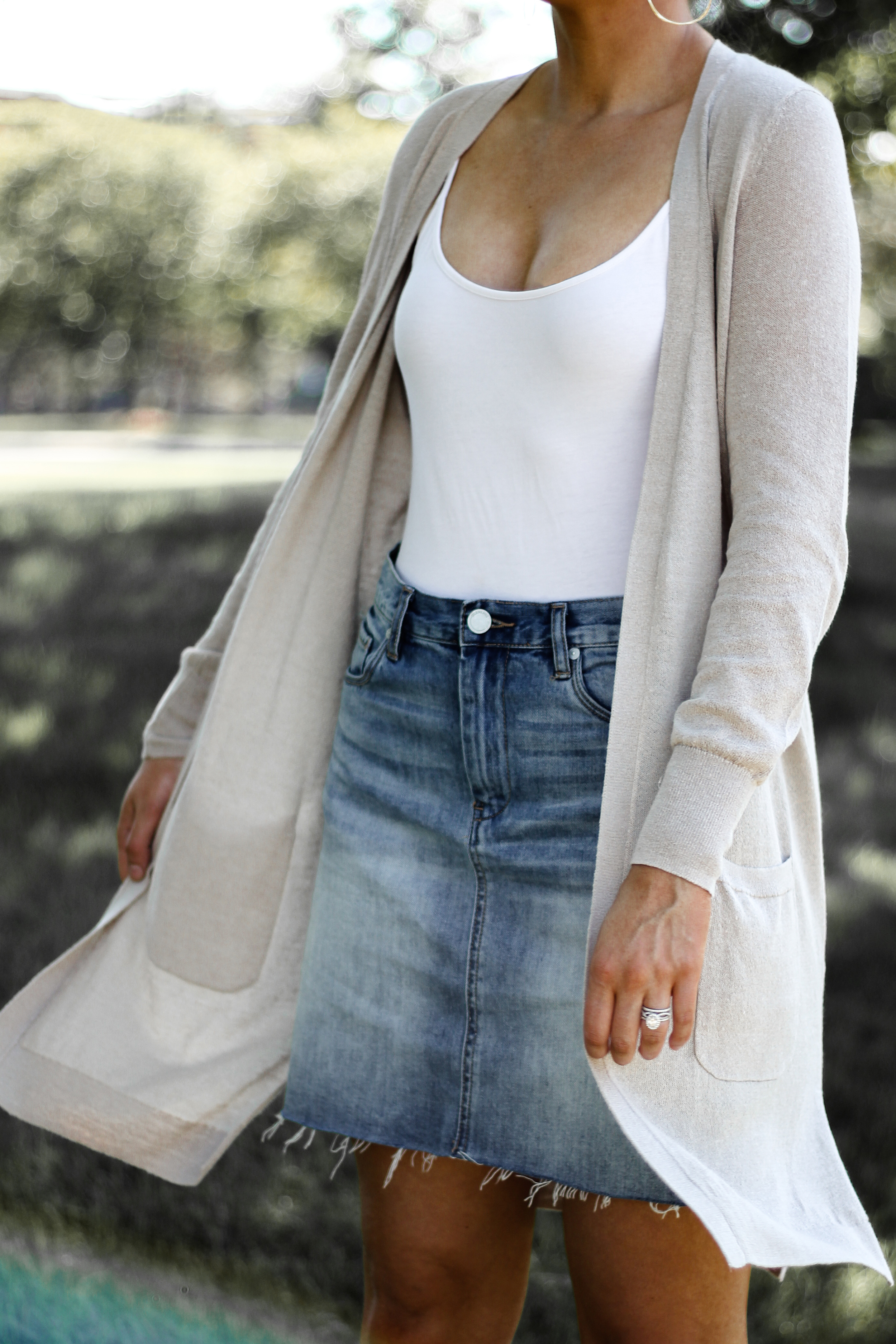 Transitioning Your Denim Skirt Through Fall with a Duster Cardigan